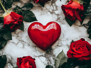 vibrant red heart surrounded by fresh red roses on marble surface evokes love and passion