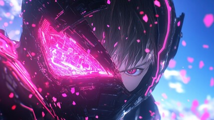 Poster - A close-up of a character in a futuristic helmet with glowing elements and petals.
