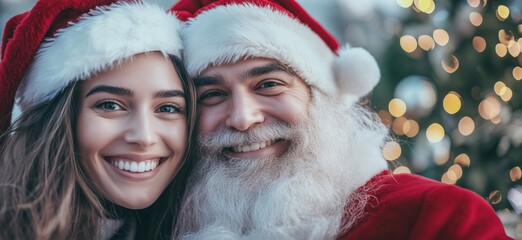 Wall Mural - Joyful Christmas Celebration with Santa Claus and Smiling Young Woman, Festive Atmosphere, Holiday Spirit, Cheerful Smiles, Beautiful Decorations, copy space for text