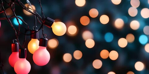 Wall Mural - Glowing pink and orange light bulbs with blurred bokeh background. Holiday and celebration content