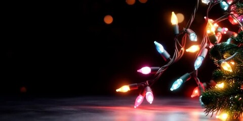 Wall Mural - Christmas string lights with red blue and pink bulbs on dark background. Holiday decoration content
