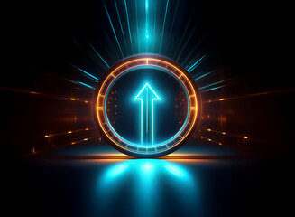 Wall Mural - a glowing neon arrow ascends within a circular frame, radiant light beams radiating outward against 