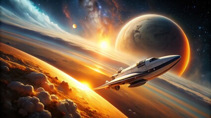 Wall Mural - Futuristic Spaceship Orbiting a Vibrant Planet - Sci-Fi Space Exploration Stock Photo