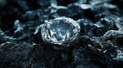 Poster - A close-up of a sparkling diamond resting on a dark, textured surface.