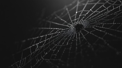 Aufkleber - A close-up of a spider web adorned with dew droplets against a dark background.
