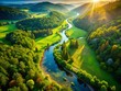 © prapatsorn - Aerial View of Serpentine Brook River Winding Through Lush Green Valley