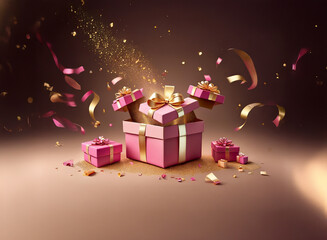 Canvas Print - A pink gift box magically explodes, showering golden confetti and smaller gifts.  Surrounding it is a celebratory burst of ribbons and sparkles.