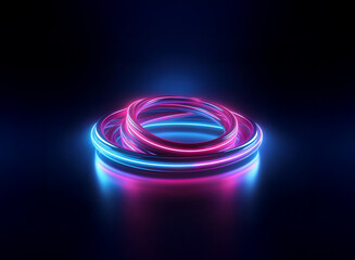 Canvas Print - intertwined neon rings, glowing pink and blue, cast reflections on a dark surface. the vibrant light