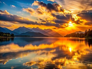 Wall Mural - Golden Hour Lake Sunset: Serene Mountain Landscape with Calm Water Reflections