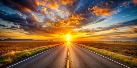 Wall Mural - Golden Sunset Highway: Open Road Leading to Vanishing Point Landscape Photography