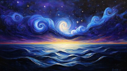 Wall Mural - swirling night sky over a tranquil ocean.