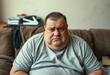© iushakovsky - Overweight male with a sad expression, sitting on a worn-out couch
