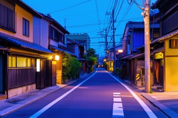 Naklejka na meble Evening Streetscape of a Serene Japanese Neighborhood in Blue Hour Glow