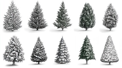 ten snow-covered evergreen trees isolated on white.