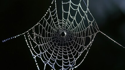 Aufkleber - A close-up view of a spider web adorned with dew drops against a dark background.