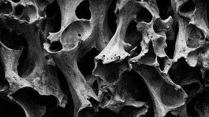 Aufkleber - A close-up view of interwoven skeletal structures, showcasing intricate textures and forms.
