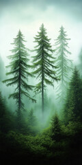 Wall Mural - Mystischer Wald mit hohen Bäumen und sanftem Nebel

