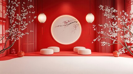 Sticker - Red minimalist interior with round wall art, white ottomans, and blooming branches.