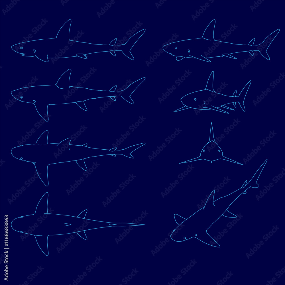Series of blue drawings of sharks. The drawings are all different sizes ...