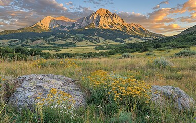 Poster - Majestic mountain peak at sunset, wildflowers in foreground.