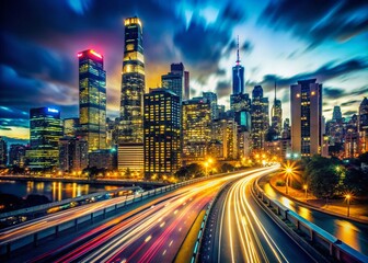 Wall Mural - Imperfect Long Exposure Cityscape at Night - Blurred Lights and Urban Motion