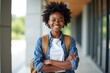 © velikiyzayats - Confident Young Woman Smiling in School Corridor, Perfect for Motivational Posters, Education Themes, and Diversity Campaigns