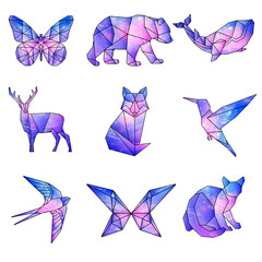 Wall Mural - purple galaxy patterned geometrical and crystalized animal sticker set