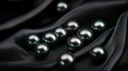 Poster - A collection of dark pearls scattered on luxurious black fabric.