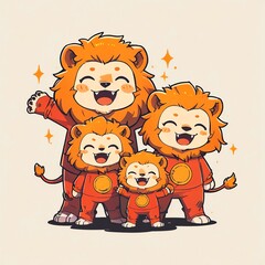 Canvas Print - Adorable Lion Family in Red Jumpsuits