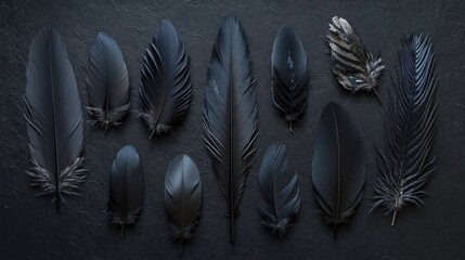 Aufkleber - a collection of various black feathers arranged artistically on a dark surface.