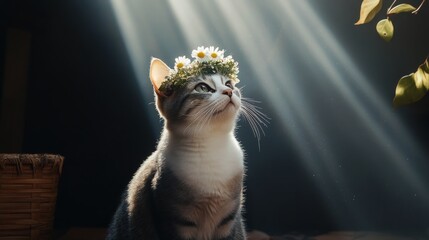 Poster - Cat with flower crown looking serene in a sunlit garden