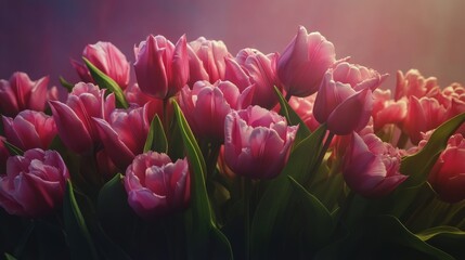 Vibrant pink tulips blooming beautifully in spring light