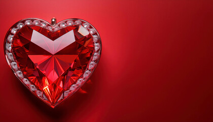 Wall Mural - A brilliant red heart-shaped crystal jewel surrounded by small diamonds rests against a deep red background. copy space