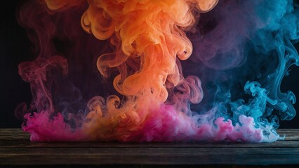 Wall Mural -  A dark background provides a striking contrast to vibrant, colorful smoke that billows up from an empty wooden table in a captivating stock photo