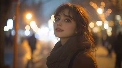 Canvas Print - Young woman in city at night, looking at camera.