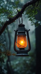 Wall Mural - Elegant lantern illuminates a tranquil forest at dusk