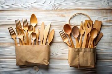 Wall Mural - Long Exposure Photo of Wooden Cutlery & Paper Bag on White