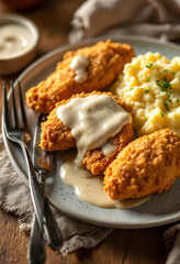 Wall Mural - A plate of fried chicken tenders, mashed potatoes, and gravy, with a fork and knife on the side