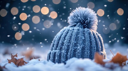 Wall Mural - Cozy winter hat resting in snow with soft flakes falling and warm bokeh lights in the background