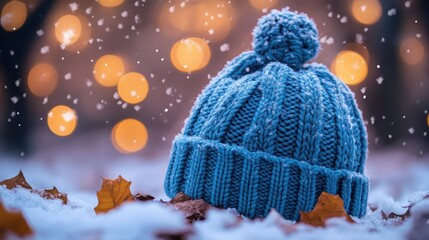 Wall Mural - Cozy blue knit hat resting on snow-covered ground surrounded by autumn leaves and soft falling snowflakes