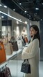 © RaptorWoman - Woman in a luxury boutique browsing a collection of elegant designer handbags on display under bright shop lights.