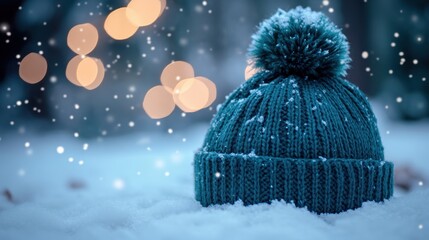 Wall Mural - Cozy winter hat lies in soft snow while delicate snowflakes dance in a winter wonderland adorned with glowing lights