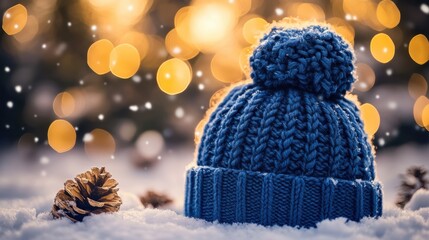 Wall Mural - Cozy winter scene featuring a knitted blue beanie and golden lights shimmering in the background amidst falling snowflakes