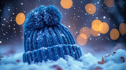 Wall Mural - Cozy blue knit hat nestled in fresh snow during a serene winter evening with soft glowing lights in the background