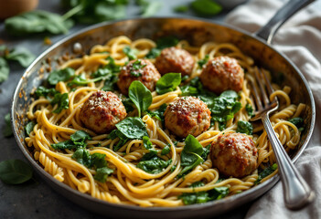 Wall Mural - a skillet with plant-based meatballs and pasta in a spinach sauce