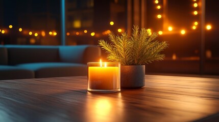 Wall Mural - Cozy Home Setting with Candle and Plant. Generative AI