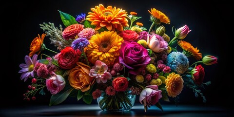 Wall Mural - Low Light Moody Bouquet of Flowers Isolated on Black Background