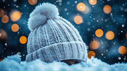 Wall Mural - Cozy winter hat peeking through the snow in a tranquil snowy landscape with glowing lights in the background