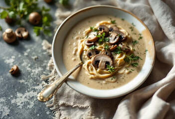 Wall Mural - a white plate with a generous portion of homemade mushroom cream soup