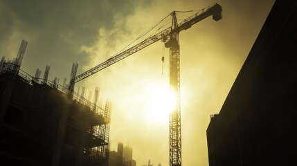 Aufkleber - A construction crane silhouetted against a dramatic sunset, symbolizing urban development.